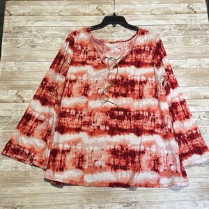 Bobbie Brooks Orange Tie Dye Tunic Womens 3X Long Bell Sleeves Tie Neck Boho